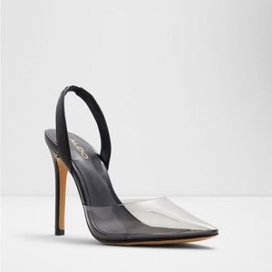 Black sling back stilettos with translucent toe.